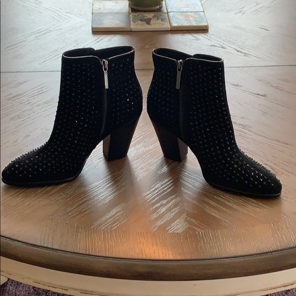 Donald Pliner suede booties with black crystals